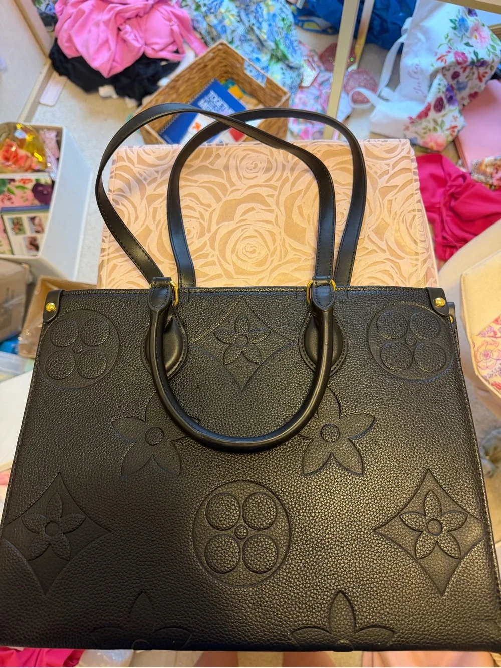 Black Leather Tote Bag with Embossed Pattern - Luxury-Inspired Women’s Handbag - Picture 3 of 3